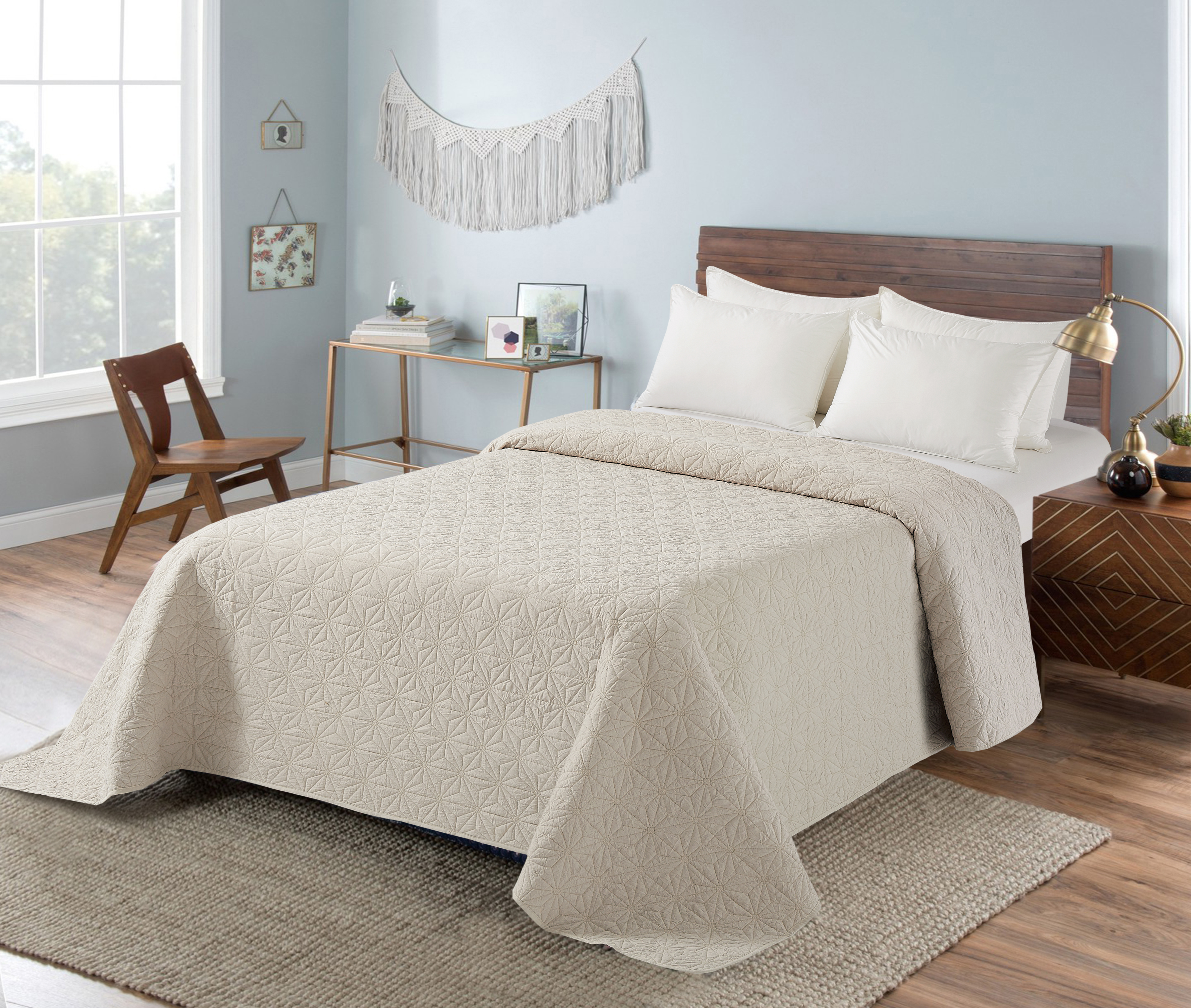Solid Crinkle microfiber stitching quilt Beige fabric Grey Line Super Soft