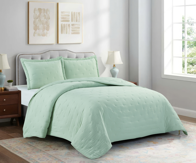 Solid Microfiber Embroidery Quilt Green fabric white Line Super Soft