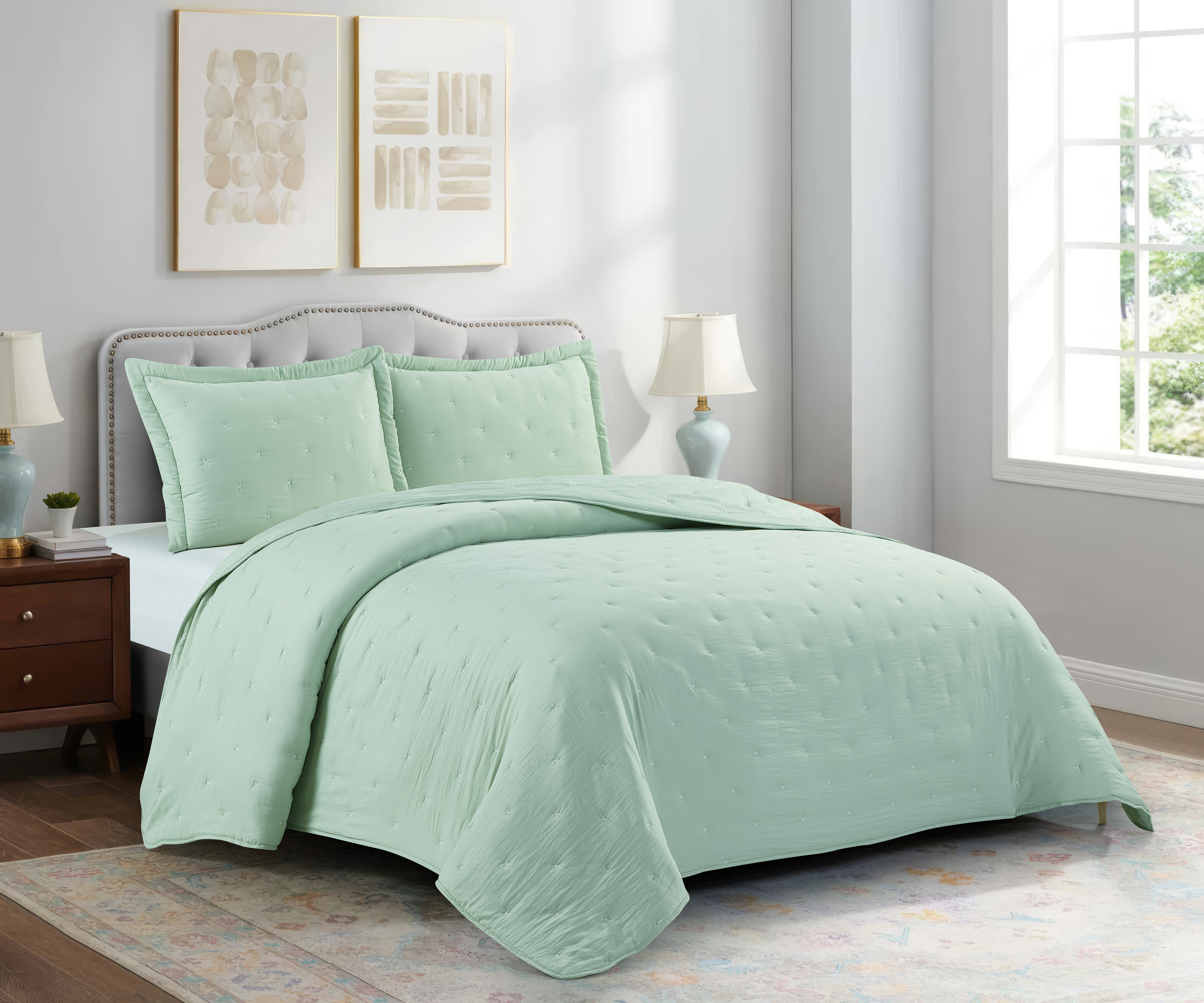 Solid Microfiber Embroidery Quilt Green fabric white Line Super Soft
