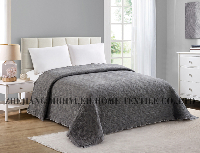 Stone Washed Solid Microfiber Embroidery Quilt with ruffle