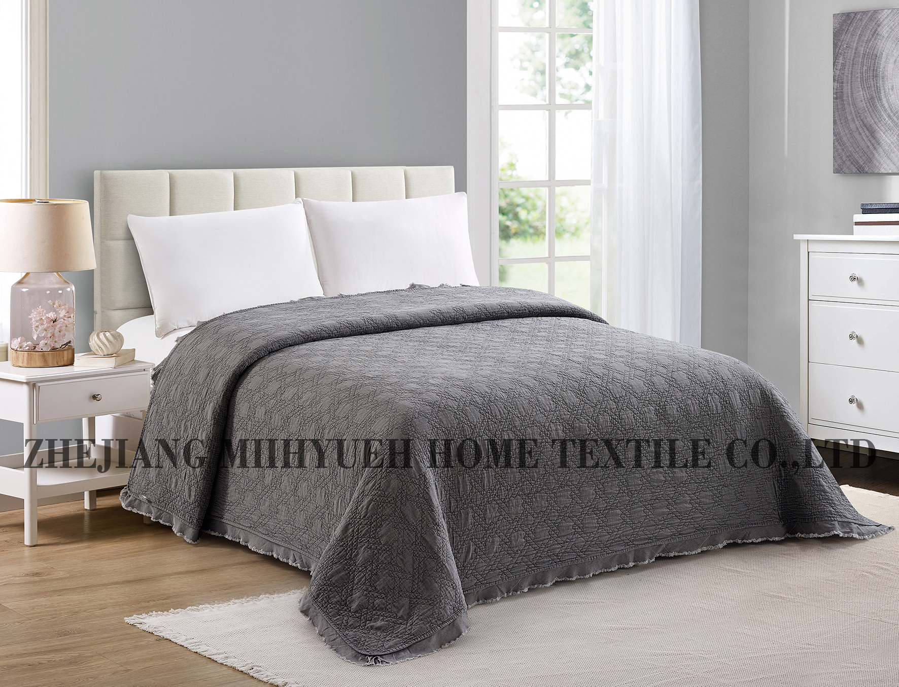 Stone Washed Solid Microfiber Embroidery Quilt with ruffle