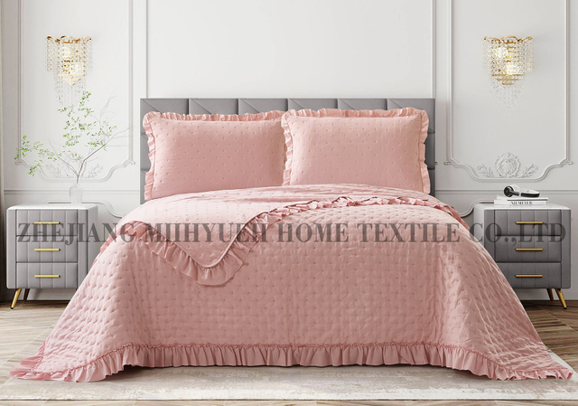 Solid Prewashed Microfiber Ultrasonic Quilt with Ruffles-3pieces（1 Quilt，2 pillowshams）
