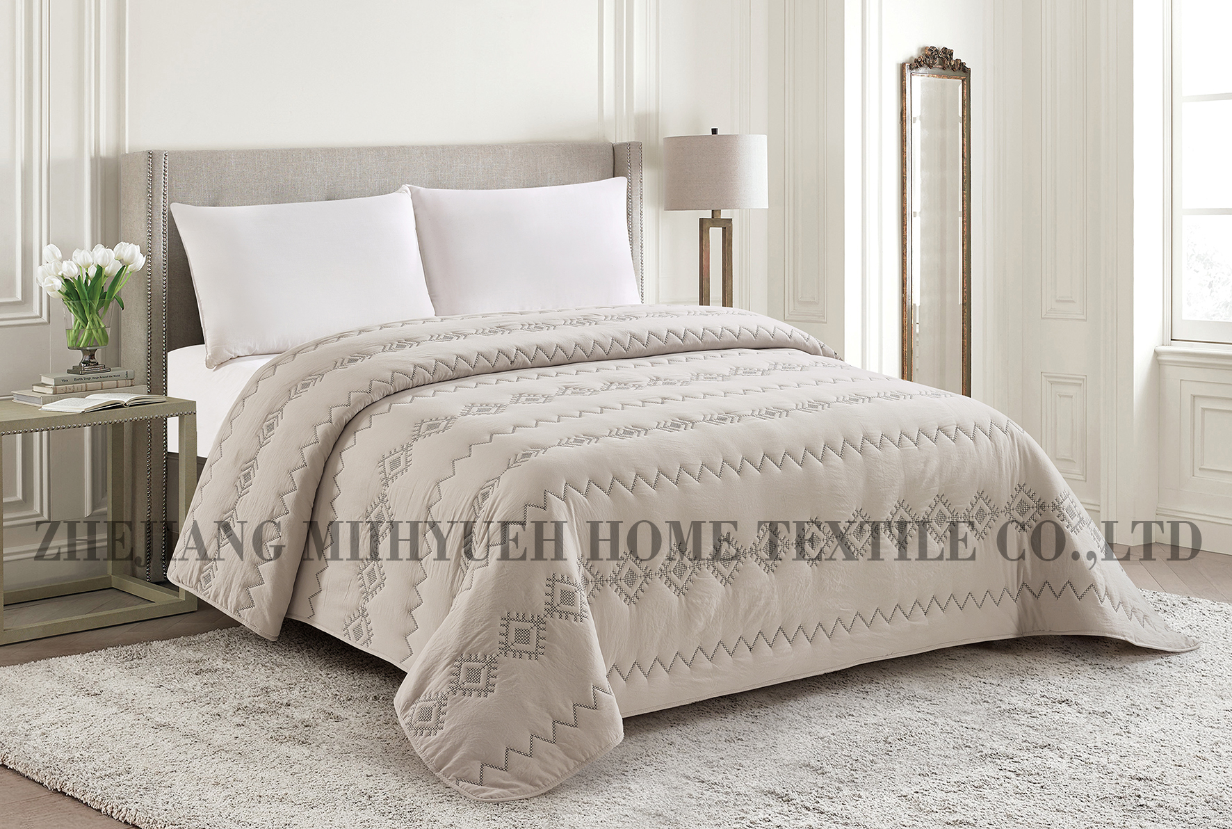 Solid Microfiber Embroidery Quilt Beige fabric Grey Line Super Soft