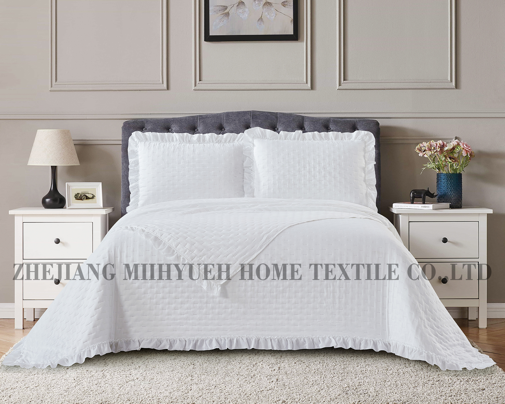 Solid Microfiber Ultrasonic Quilt with Ruffle