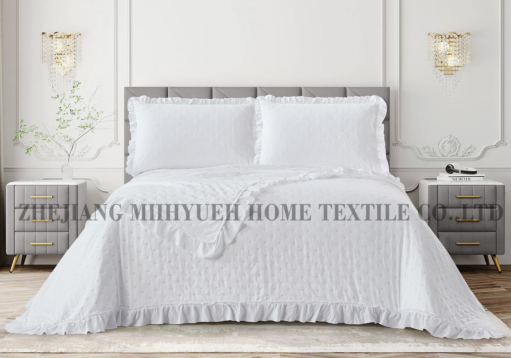 Solid Prewashed Microfiber Ultrasonic Quilt with Ruffles-3pieces（1 Quilt，2 pillowshams）