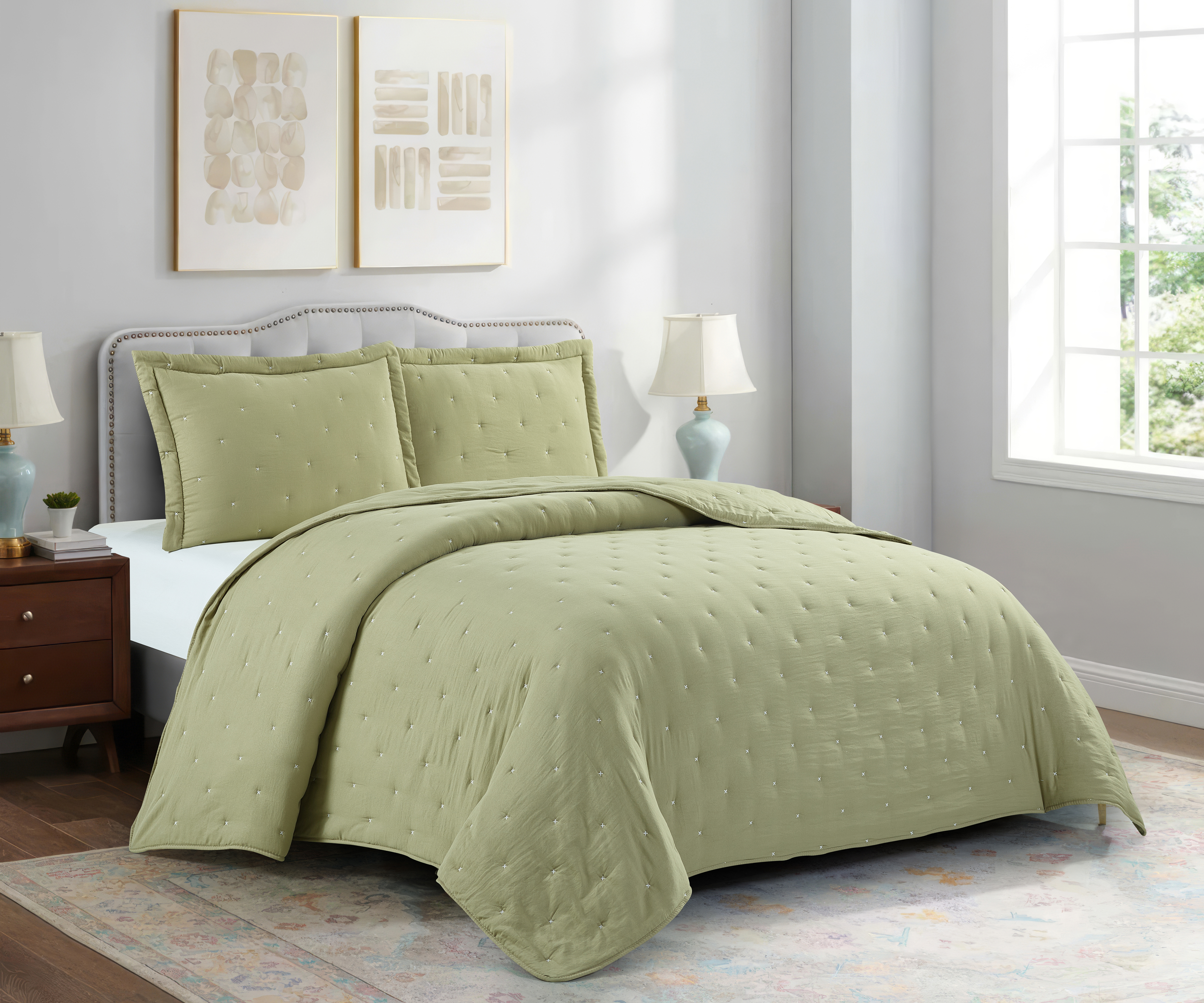 Solid Microfiber Embroidery Quilt Green fabric white Line Super Soft