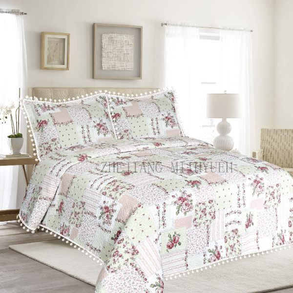 Printed Microfiber Ultrasonic Quilt with Pompom