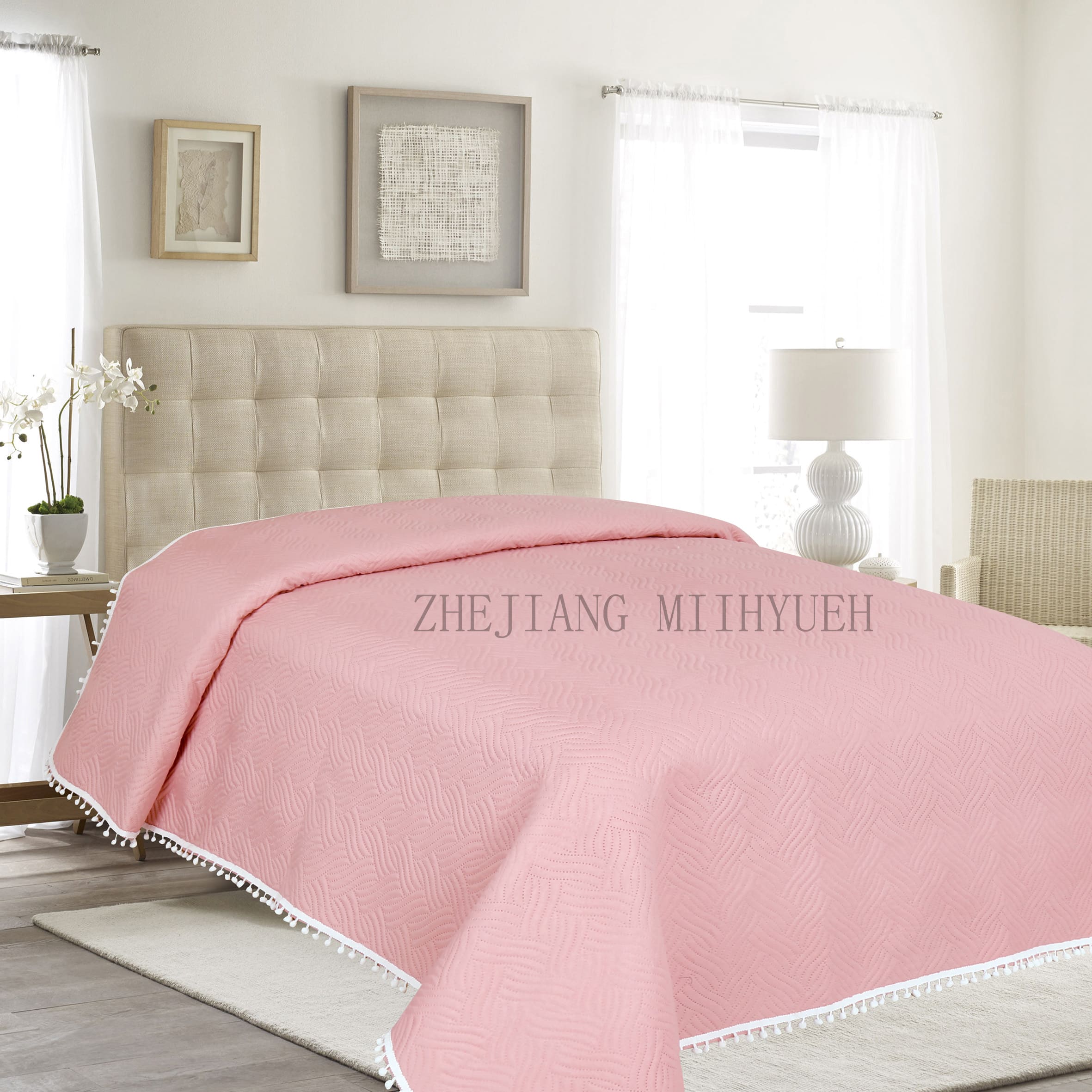 Solid Microfiber Ultrasonic Quilt with Pompom