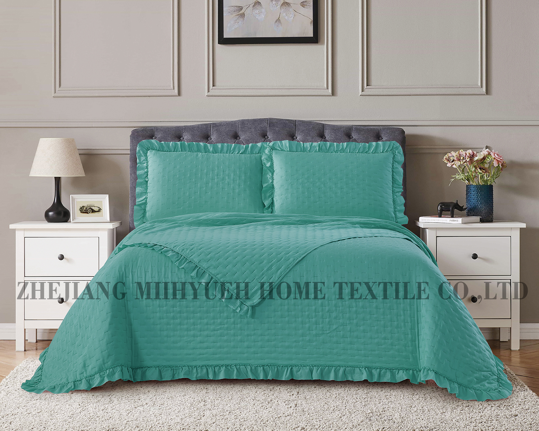 Solid Microfiber Ultrasonic Quilt with Ruffle