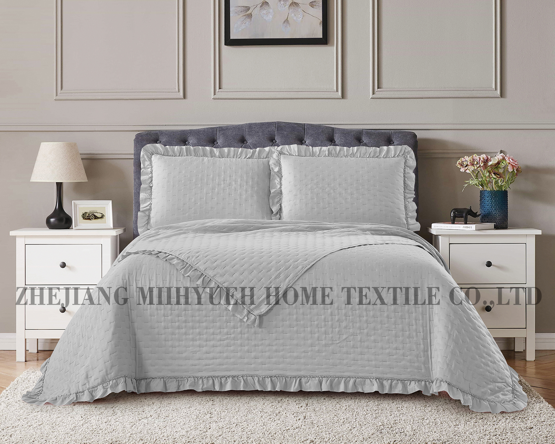 Solid Microfiber Ultrasonic Quilt with Ruffle