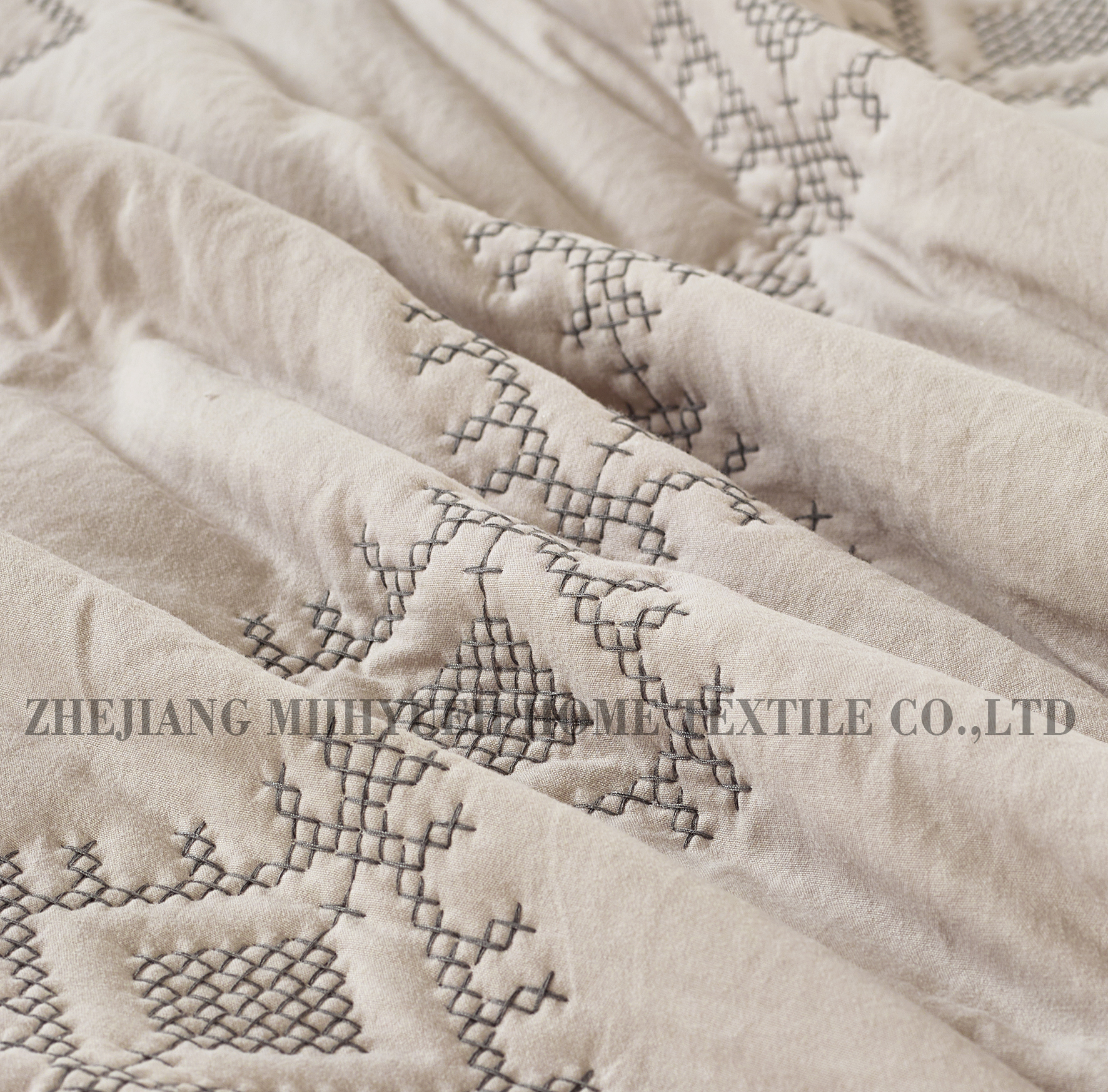 Solid Microfiber Embroidery Quilt Beige fabric Grey Line Super Soft