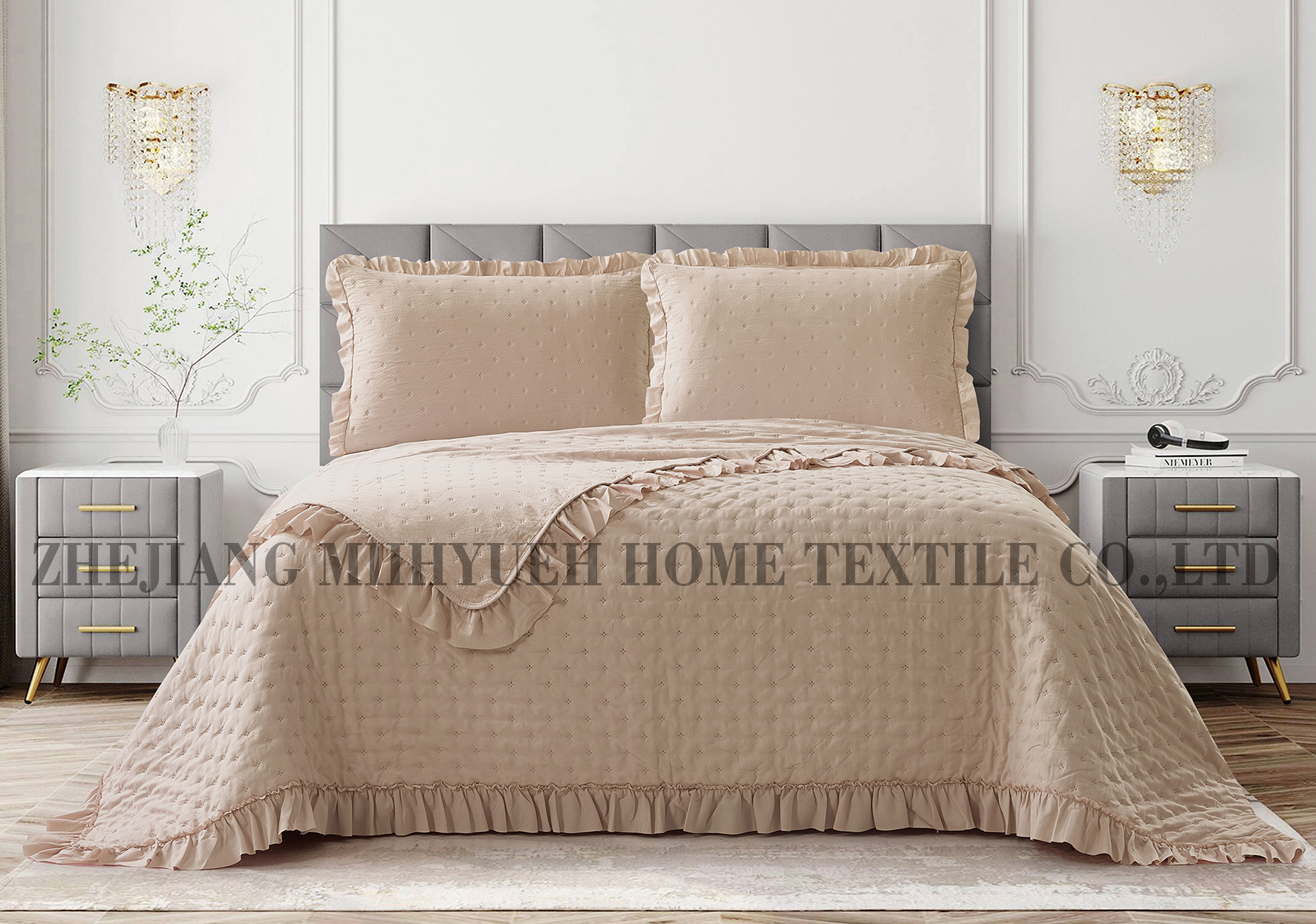 Solid Prewashed Microfiber Ultrasonic Quilt with Ruffles-3pieces（1 Quilt，2 pillowshams）